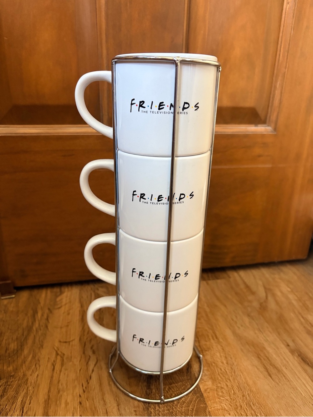 FRIENDS White Stackable Ceramic Mugs with Chrome Stand